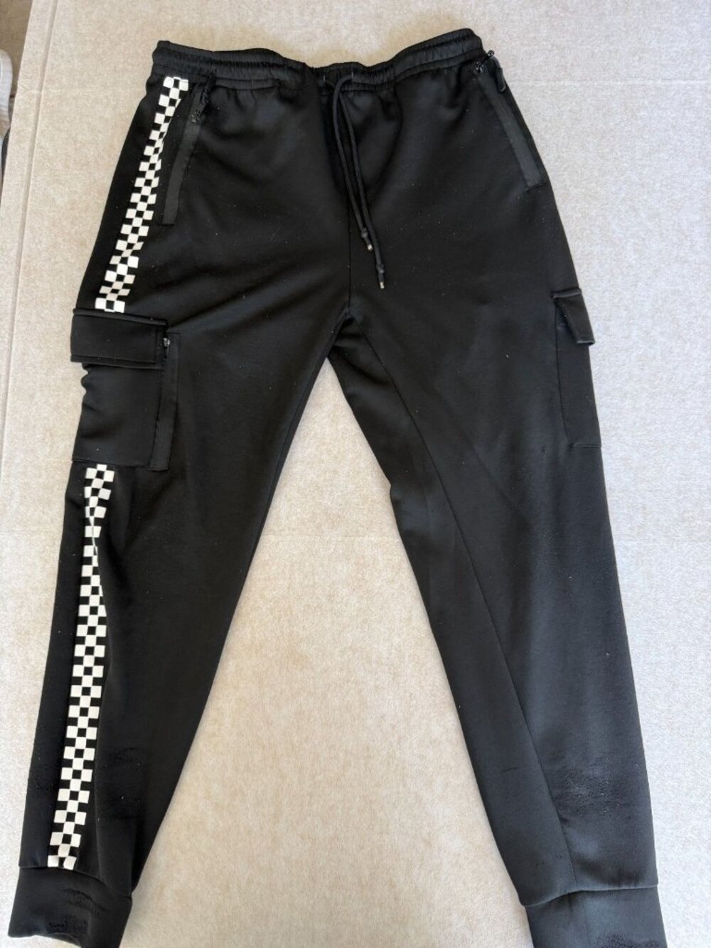 Public Record Sweatpants Mens L Black Cargo Joggers Checkered Stripe Pants 1054